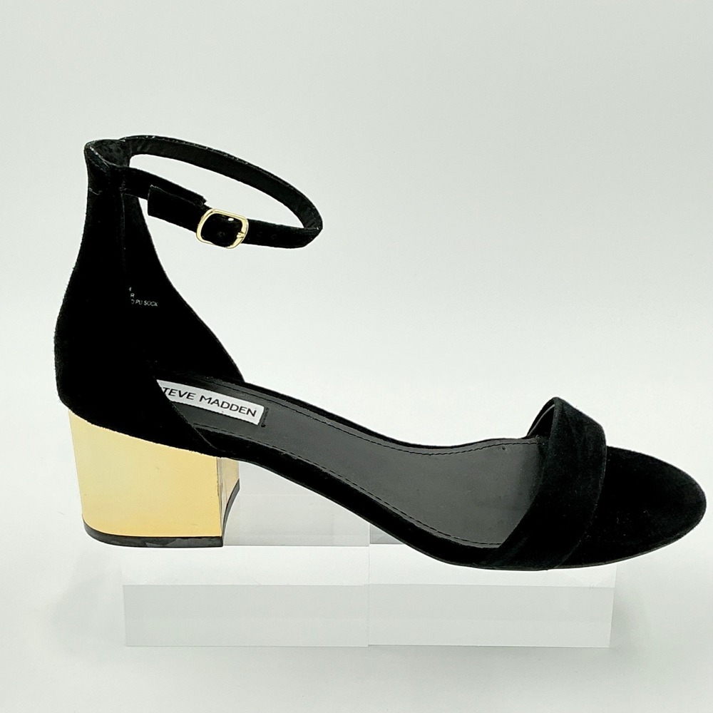 Steve Madden Size 9.5 Black‎ Suede Gold Block Heel Sandals Irenee